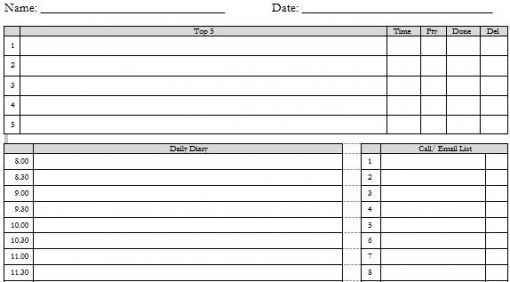 Free Template of Time Management Diary Sheet